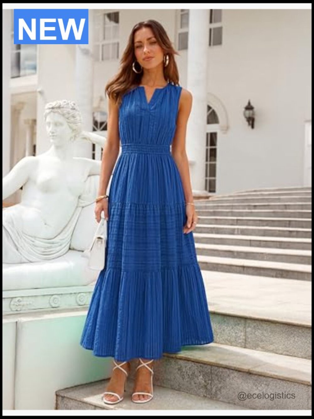 Womens Sleeveless V Neck Midi Maxi Dress Tiered High Waist Flowy Vacation Dress - Picture 4 of 7